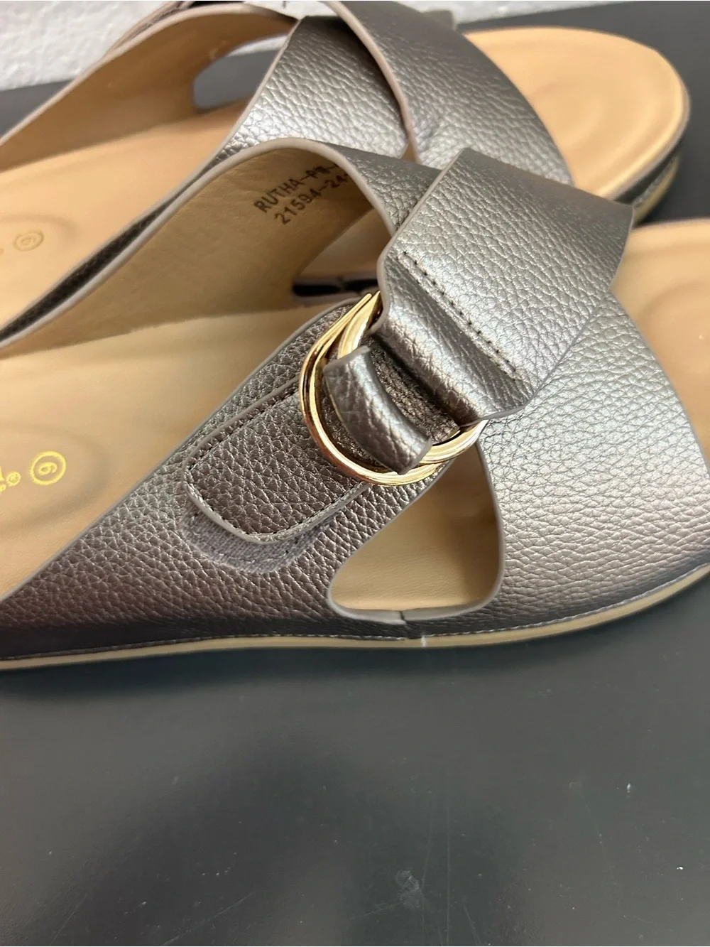 Patrizia by Spring Step Rutha Metallic Taupe Slide Sandal with Gold Buckle 9